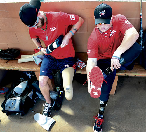 Nick Clark (left) and Josh Wege get ready for practice