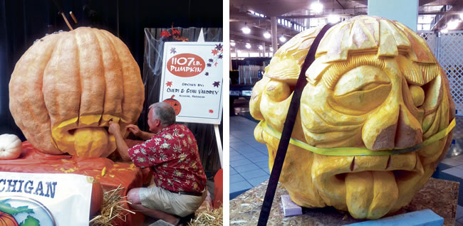 Pumpkin Ed Moody carves a pumpkin for last year’s festival, with the result at right Pumpkin Ed Moody carves a pumpkin for last year’s festival, with the result at right