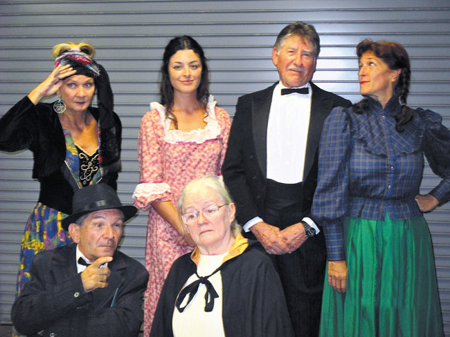Starring in Lanikai Mortgage Players fall melodrama are (front, from left) Lew Lappert, Diane Craven (back) Courtney Nichols, Sasha Grimmbacher, Roger Tansley and Carol Nichols. 'Murder on Tombstone Island' opens Friday at Shreve Theater. Photo from Roger Tansley.