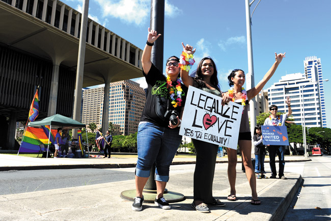 Pro-gay marriage demonstrators wave to the traffic last week at the Capitol | Nathalie Walker photo