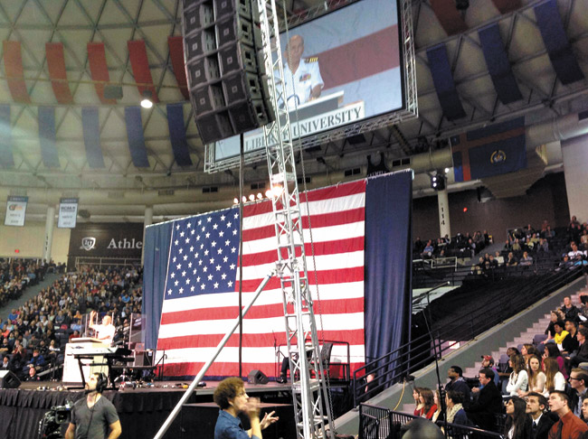 Former POW Jerry Coffee speaks recently at Liberty University’s Vines Center. Susan Page photo