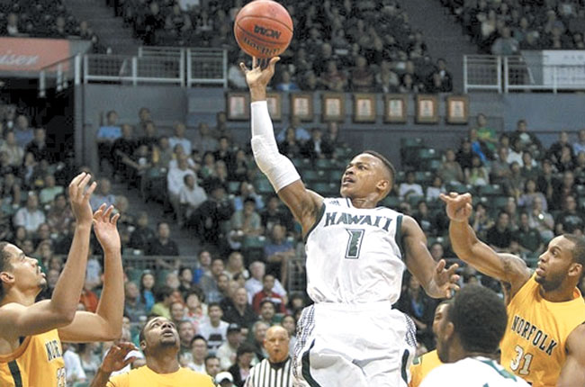 UH guard Garrett Nevels rises over the defense Dec. 30 against Norfolk State. | Photo courtesy UH athletics