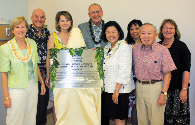 Chaminade University named its nursing skills lab after the late U.S. Sen. Dan Inouye Feb. 24 in ceremonies with (from left) CU institutional advancement vice president Diane Peters-Nguyen, CU regents Vaughn Vasconcellos and Kathleen 'Kitty' Wo, CU president Bro. Bernard Ploeger, Irene Hirano Inouye, Jennifer Goto Sabas, regent Dr. Larry Tseu and nursing dean Stephanie Genz. Photo from Kapono Ryan.