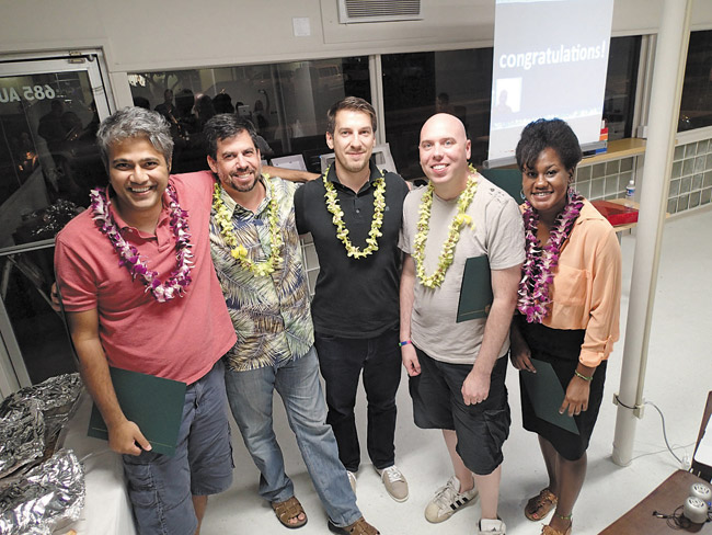Graduates of last year's Founder Institute cohort (from left): Iqbal Ashraff (Mentors Guild) Jon Shear (ReadyZoneHQ), Jared Eden (Holoplex), Michael Gifford (Dodecki) and Brittany Jones (Illium) | Photo by Russel Cheng