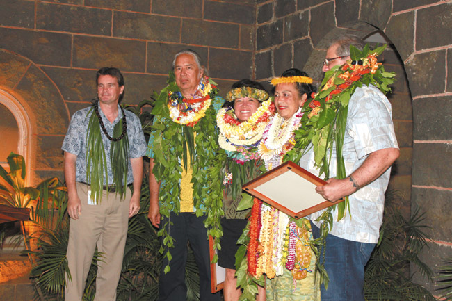 Bishop Museum president and CEO Blair Collis honors MAMo awardees Duncan Ka'ohuoka'ala Seto, Meleanna Aluli Meyer, Paulette Kahalepuna and Kauka de Silva | Photo courtesy Bishop Museum