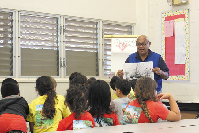 Local artist and retired policeman Joe Aragon met with Blanche Pope Elementary students weekly after school to prepare them for the community calendar. Photo from Roy Brooks.