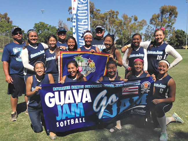 Meet Guava Jam: (front, from left) Kristen Ishii, Bree Soma, Keri Togami, Kalei Kaneshiro, Jordan Mill-wood, (middle) Sage Sanborn, Brooke Yasuda, Markie Okamoto, Chassy Stalcup, Aubree Kim, Rayla Jacobs-Kea, Dallas Millwood, (back) assistant coaches Stanley Cabanas and Jensen Kim, and head coach James Millwood. Not pictured: Maya Yoshiura and Gabby Langsi. Photo from Guava Jam.