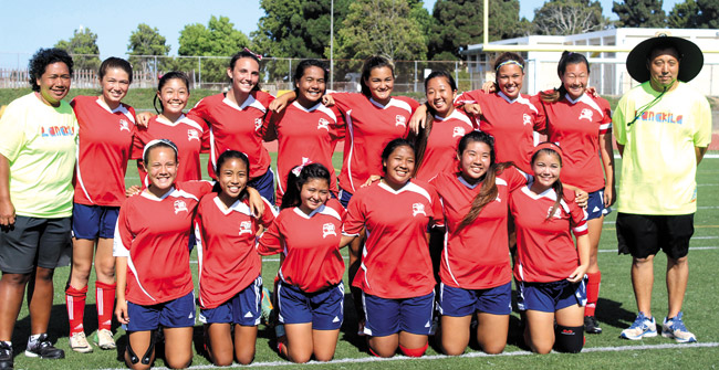 The national champs: (front, from left) Brooke Nakamura, Breanna-Leigh Bactista, Jena Uyeda, Kathryn Yuu, Kaci-Ann Endo, Shelynne Rapoza, (back) coach Rose Agas-Yuu, Tarah Kuhn, Kylie Louis, Kaitlin Strobel, Tiare Kahalewai, Jenna Ducosin, Jasmine Davis, Kyllie Murray, Marisa Tanaka, coach Alan Nakamura. Courtesy photo.