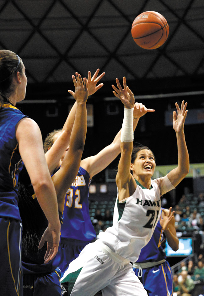 Shawna-Lei Kuehu shoots against UC-Santa Barbara's Krystle Marcellus HONOLULU STAR-ADVERTISER PHOTO
