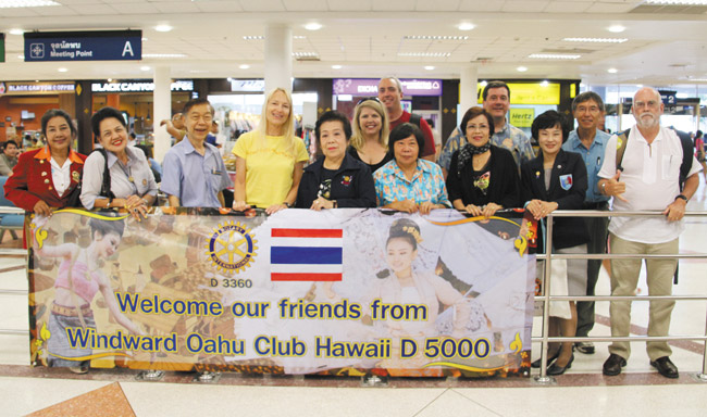 Thai Rotarians welcomed the Windward Oahu Rotary Club contingent at Chiangmai Airport as they arrive to complete a charity mission. The Windward group includes (from left) Brigitte Visser (in yellow), member Lori Williams and husband Jim behind her (in red), member Craig Lockwood (aloha shirt), member Murray Visser (in blue) and member Joe Barboo (in white). Photo from Murray Visser.