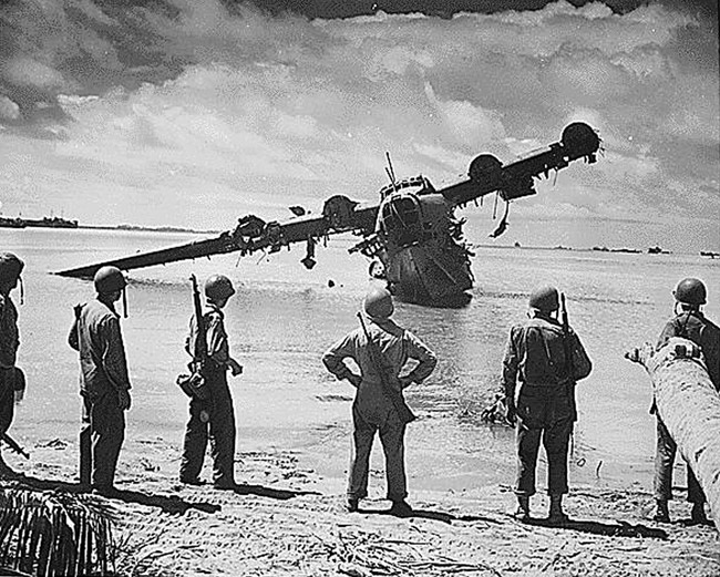 This U.S. Army archive photo shows a Japanese H8K seaplane shot down over Kwajalein Atoll — the same type of plane used in the March 1942 attack on Pearl Harbor