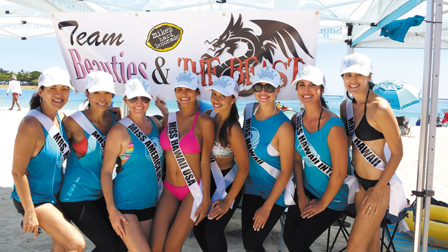 Team Beauties & The Beast consisting of former and current beauty pageant queens paddled their way to First Place in the Non-profit division in the recent Hawaii Dragon Boat Festival. Participants included (from left) Mrs. Hawaii Aulii Graf, Mrs. Hawaii Leona Komine, Miss America United States Amber Stone Napoleon, Miss Hawaii USA Moani Hara, Mrs. Hawaii Liana Green Wright, Miss Hawaii Skyler Kamaka, Miss Hawaii Intercontinental Pono Fernandez and Mrs. Hawaii Kristina Lum.