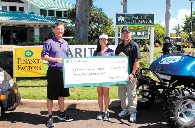 Thanks to a golf tournament at Waikele Country Club hosted by Finance Factors, Big Brothers Big Sisters Hawaii now has $20,000 more to fund its programs. At the presentation are (from left) BBBS Hawaii president and CEO Dennis Brown, BBBS Hawaii vice president of programs Jill Matro, and president and COO of Finance Factors Steven Teruya. For the whole story, see Page 2. Photo courtesy Bennet Group.