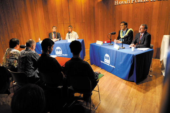 Gubernatorial candidates David Ige, Duke Aiona, Mufi Hannemann and Jeff Davis appeared in a forum Sept. 22 sponsored by Hawaii Public Radio at its Atherton Studio BRUCE ASATO / HONOLULU STAR-ADVERTISER PHOTO