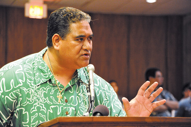 Tenari Ma''afala speaks during a hearing on SB1 (marriage equality act) last November at the Capitol CRAIG T. KOJIMA / STAR-ADVERTISER PHOTO