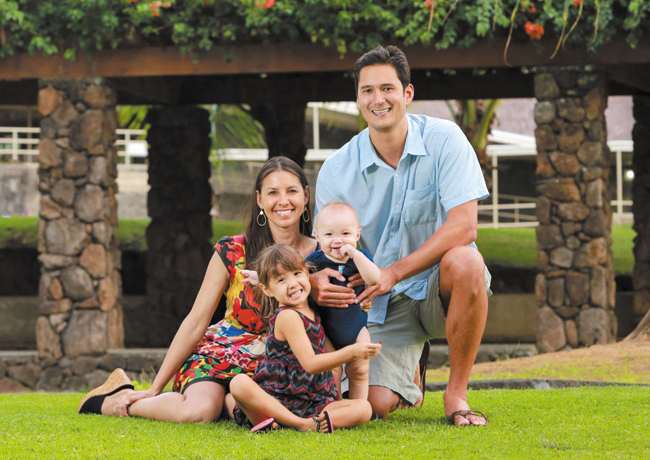 Scott Wong with wife Tamar, 3-year-old daughter Elyse and 8-month-old son Dylan Kahn Photographed at Punahou School, where Scott graduated from in 1997 PHOTO BY BODIE COLLINS