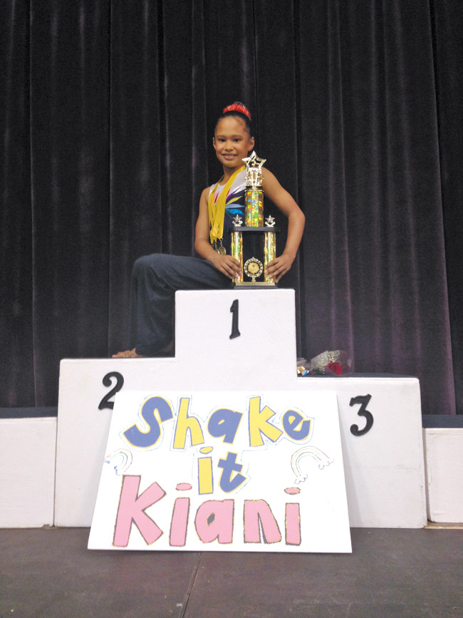 Ewa Beach Elementary student Kiani Panoke took home top honors in multiple events and finished with an overall score of 36.37 in the Child C age division at 2014 USA Gymnastics Hawaii Women's Junior Olympic State Championships. Photo courtesy Rainbow Gymnastics Academy. 