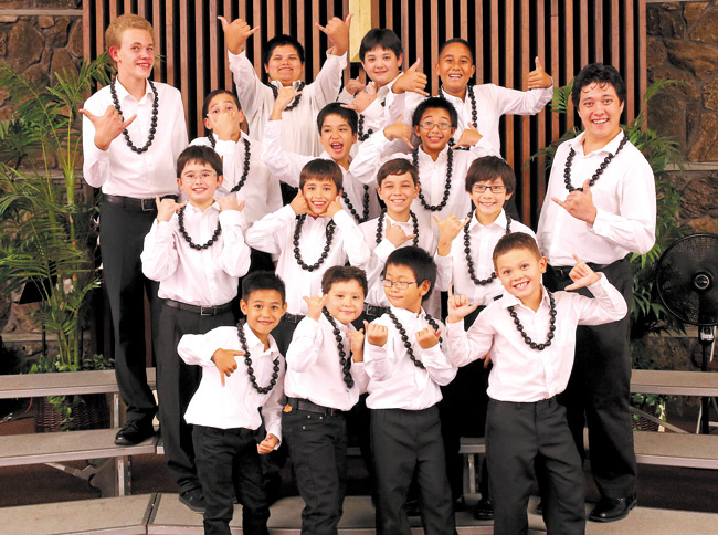 HEARTS' Boy Choir hamming it up: (front, from left) Austin Pangilinan, Everett Hayashi, Noah Hu, Daniel Simon, (second row) Ress Nguyen, Hudson Nguyen, Toby Williams, Luke Klein, director Bryce Kamaha‘o Irvine, (third row) accompanist Nathanael Kawika Gentry, Koena Strickland, Eric Naleieha, Josiah Mendoza, (fourth row) Isaiah Ah Wah, Micah Litsey and Jensen Ahokovi. Photo from Matt Pablo.