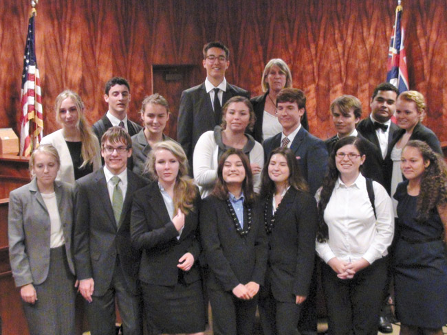 Hawaii's We the People team from Kahuku High School includes (front, from left) Grace Tueller, Christian Chowen, Emma Houghton, Sasha Yamada, Victoria Countryman, Hannah Miller, Tiana Wheeler, (middle) Sadie Morelock, Samuel Workman, Daelynn Hunter, Kayli Clifford, Isaiah Spring, Tian Ford, Arenui Anderson, Kahea Pirrone, (back) Ocean Eale and teacher Jan Harney. Photo from Sasha Yamada.
