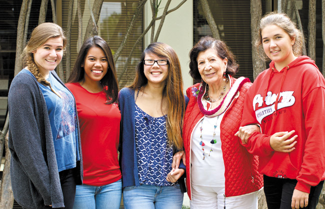 Guadalupe Rivera with Priory students (from left) Madeleine Sherman, Gabrielle Beniga, Su Jung Maerki and Constanza Mara Rico-Avella Loncan JADE MOON PHOTO