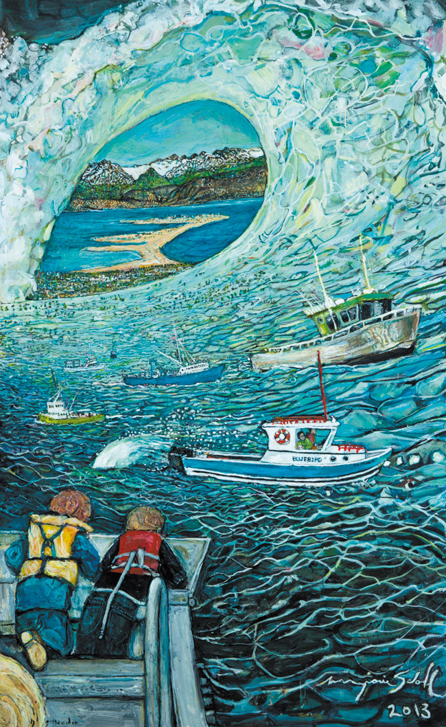 Marjorie Scholl's ‘Tsunami: Headed towards the back side of a wave' is on view with works by 27 other Alaska artists in the current exhibit at Windward Community College's Gallery ‘Iolani, ‘Communities, Disaster and Change.' Image from Bonnie Beatson.