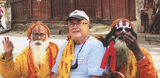 The author with two Nepalese holy men in Kathmandu. Some are predicting an asteroid will strike Earth Sept. 24 PHOTO FROM BOB JONES