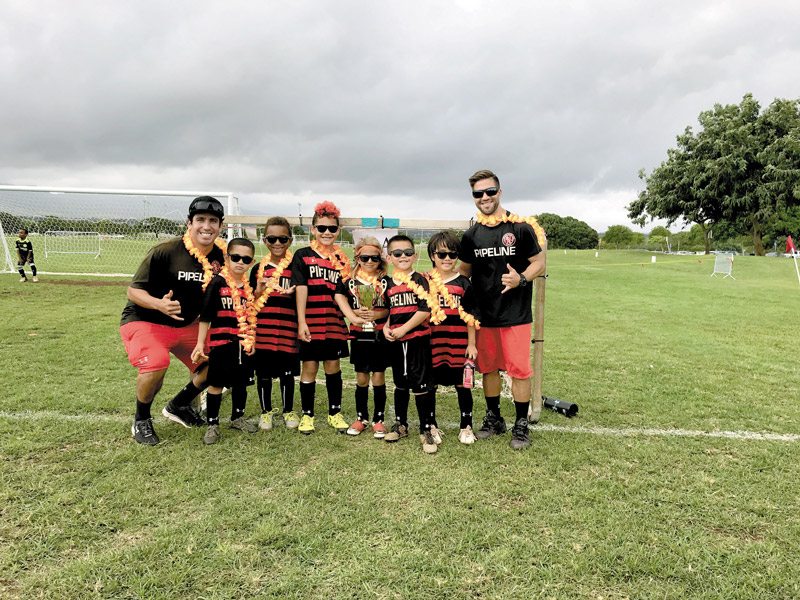 Congratulations to Pipeline Soccer Club Hawaii's 2010 Boys team for winning the 07U Premier division of HYSA's winter season! Pictured are (from left) coach James Escobar Sasiadek, Gage McEnroe, Tristan Grant, Azariah Hurd, Demian Pinilla, Troy Manley, Hakuma Kira and coach John Magiera 