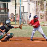 Kendall Revera takes a strike headed toward catcher Justin Nagahisa
